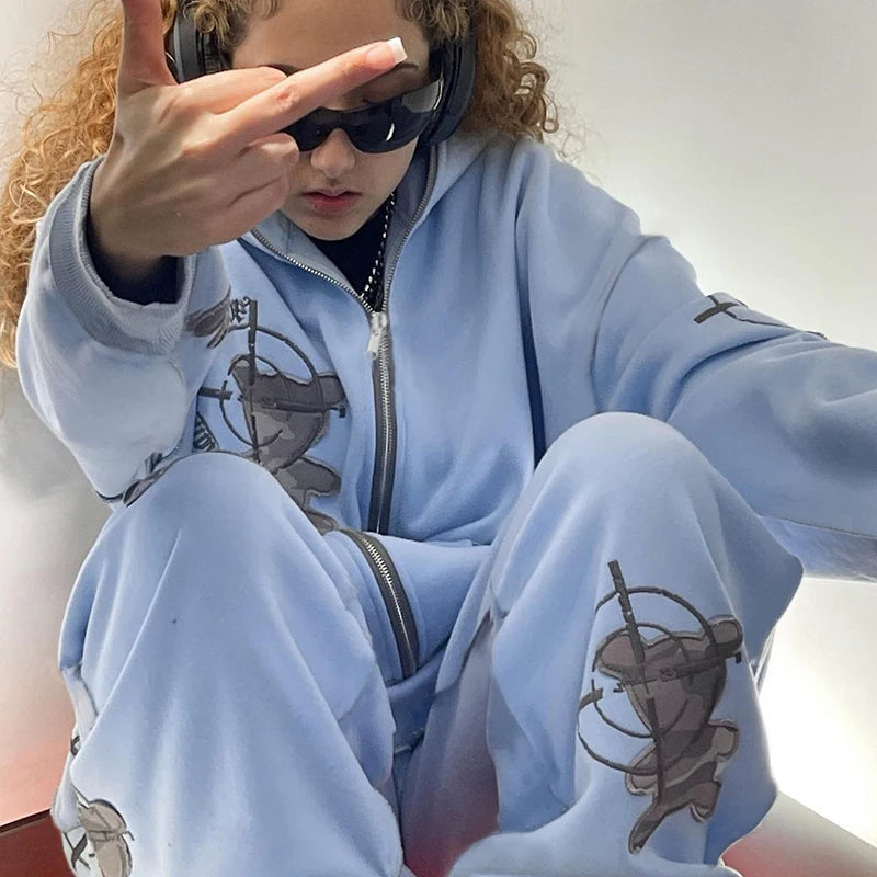 Tracksuit Hoodies Suits unisex Full Zip Up Hip Hop Embroidery Casual Elasticity Y2k Fashion Autumn Winter 2 Piece Sets