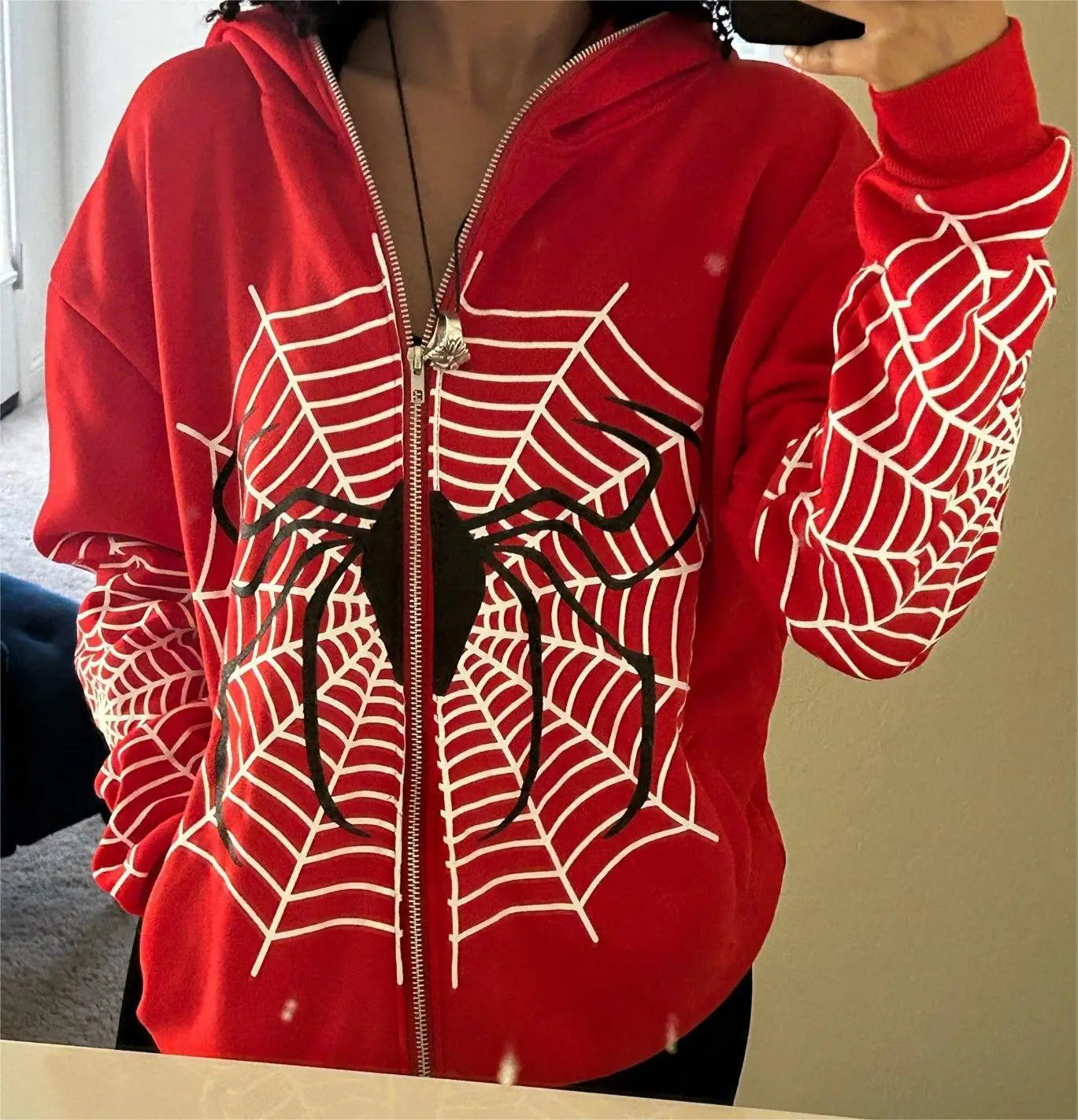 Vintage Spider Web Printed Hoodies Zip Up Loose Sweatshirts Y2K unisex