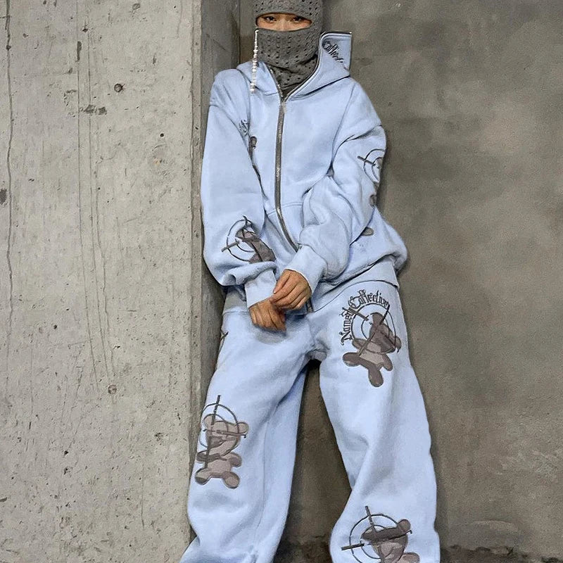 Tracksuit Hoodies Suits unisex Full Zip Up Hip Hop Embroidery Casual Elasticity Y2k Fashion Autumn Winter 2 Piece Sets