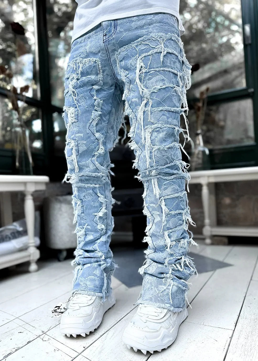 Stacked Jeans Stretched Patchwork Denim Full Length Pants For Men