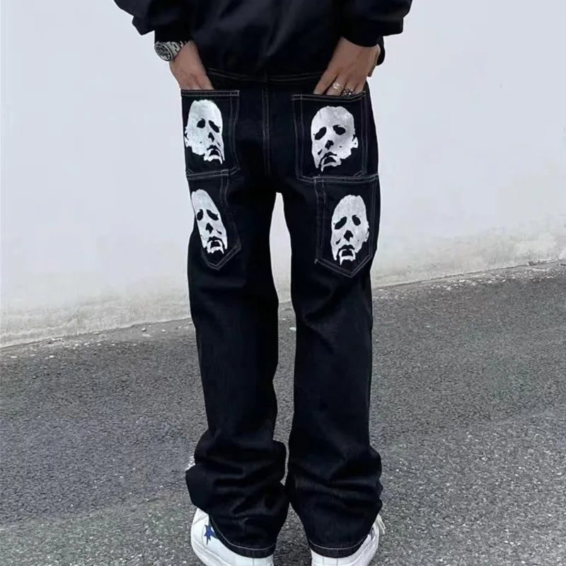 Y2K Micheal Myers Black Hip-hop Loose Straight Wide Leg Jean European And American Skull Printing Retro Harajuku Unisex Cargo Pant