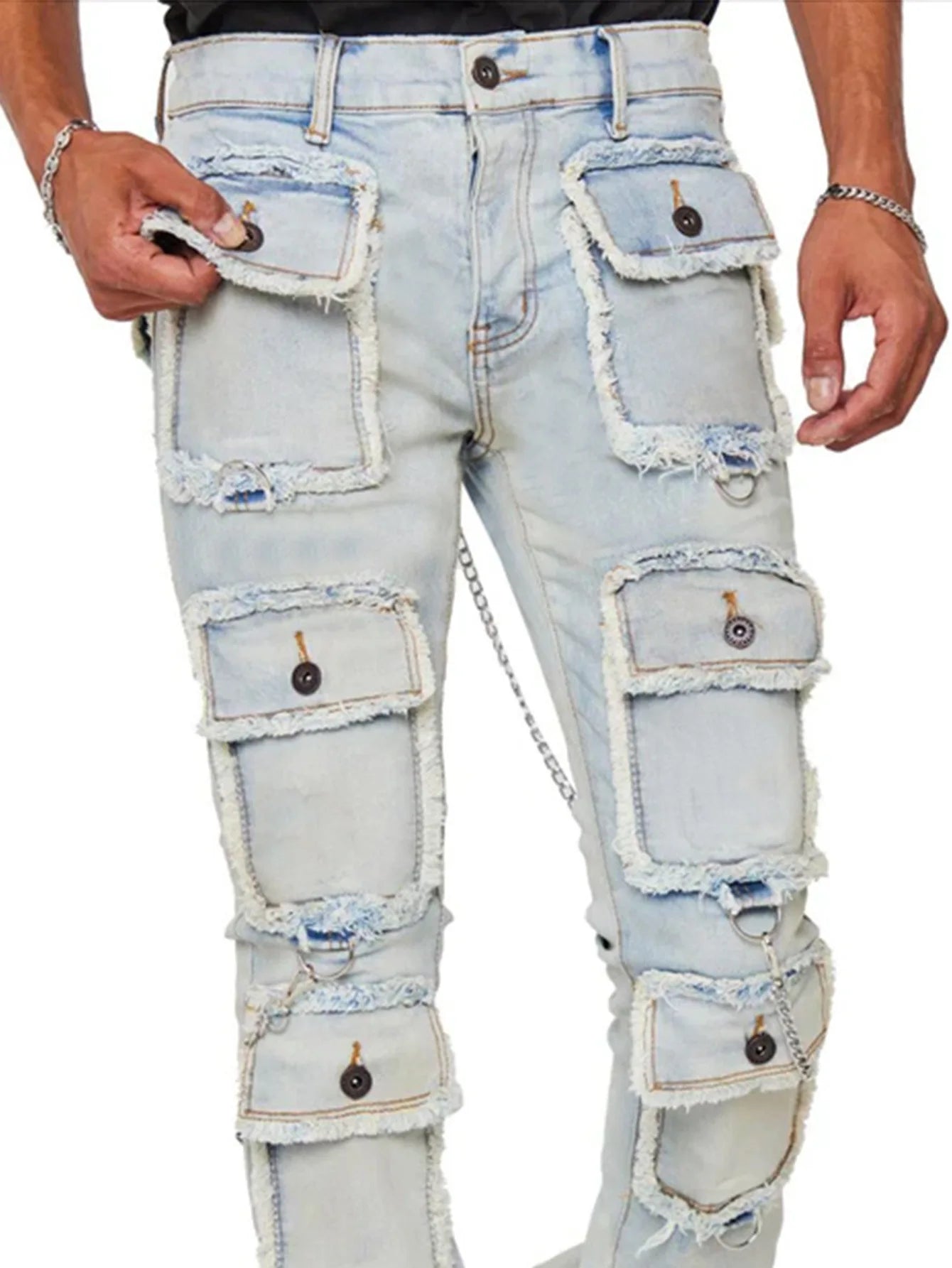 Men Stacked Jeans Mult Pockets Slim Fit High Street Denim Trousers Jeans Joggers Pants Streetwear