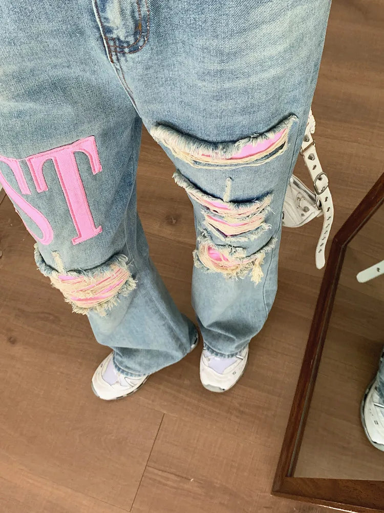 2024 Cyber Y2K Pink Patch Baggy Stacked Ripped Flare Jeans For Women