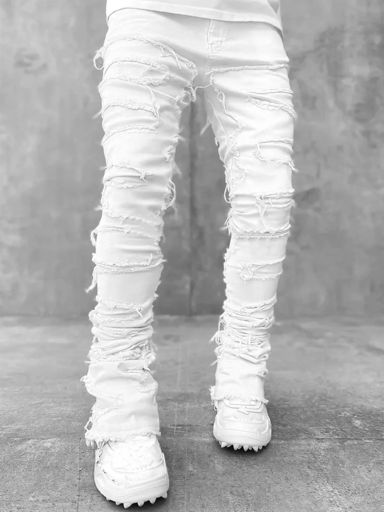 Stacked Jeans Stretched Patchwork Denim Full Length Pants For Men