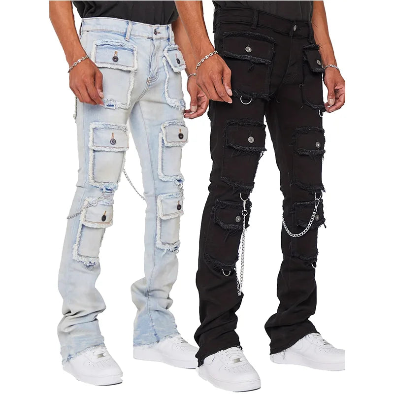 Men Stacked Jeans Mult Pockets Slim Fit High Street Denim Trousers Jeans Joggers Pants Streetwear