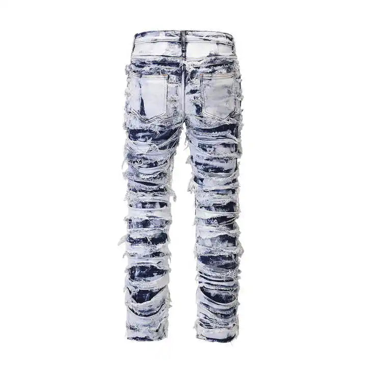 Distressed Stacked Men Denim Jeans Streetwear Skinny Flared Ripped Pants