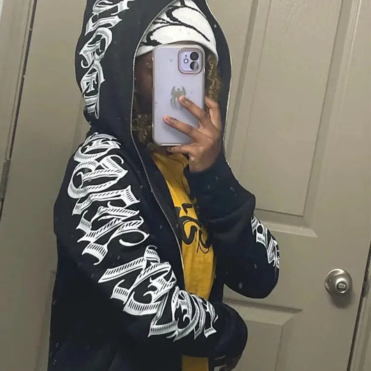 Letter Print Hoddie Y2k Full Zip Up Hoodies Streetwear Sudaderas Hombre Unisex Hooded Jackets New