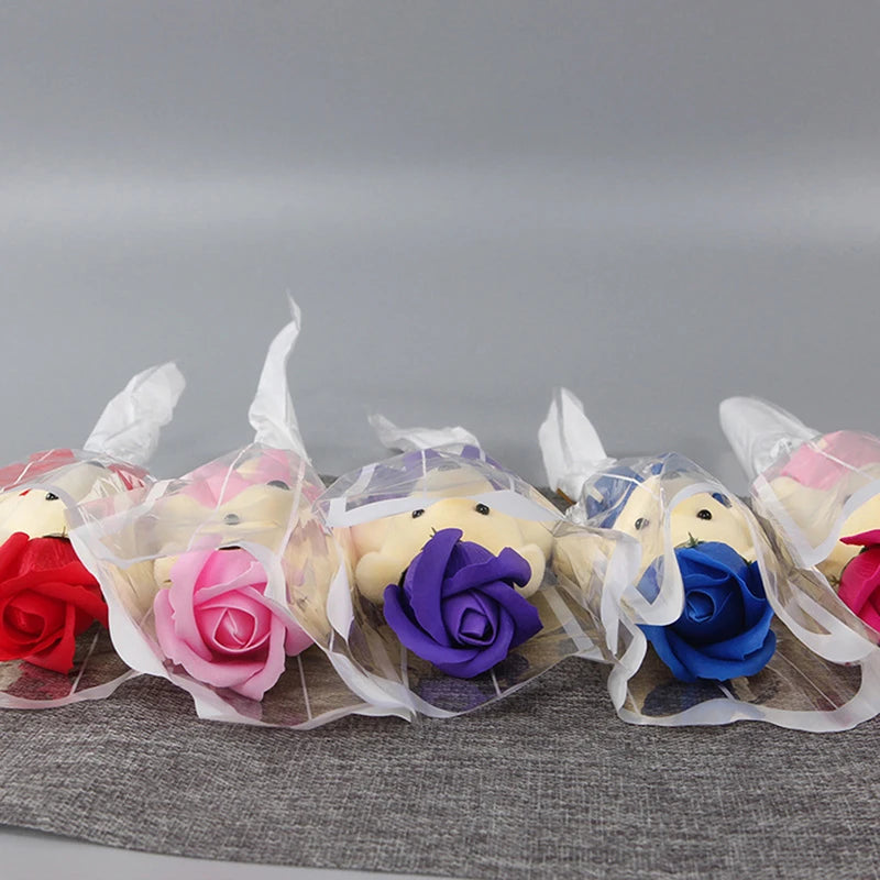 1Pcs Bear Soap Rose Bouquet Valentines Day Gift for Fridend Wedding Bouquet Home Decorations Holding Artificial Rose Flowers