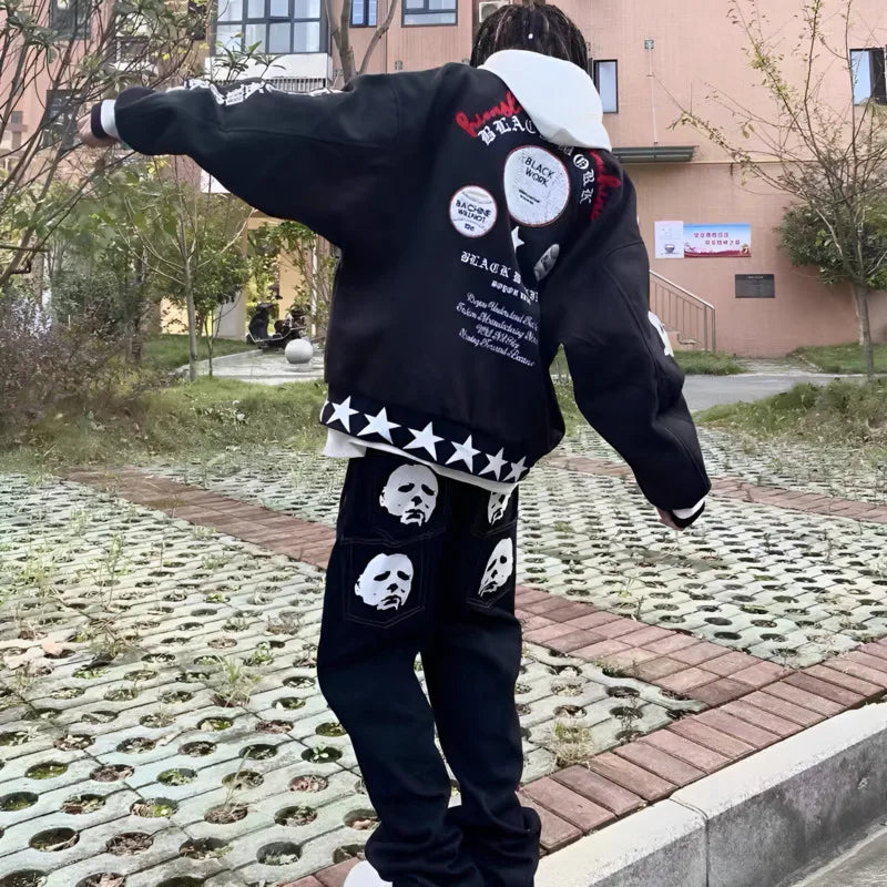 Y2K Micheal Myers Black Hip-hop Loose Straight Wide Leg Jean European And American Skull Printing Retro Harajuku Unisex Cargo Pant