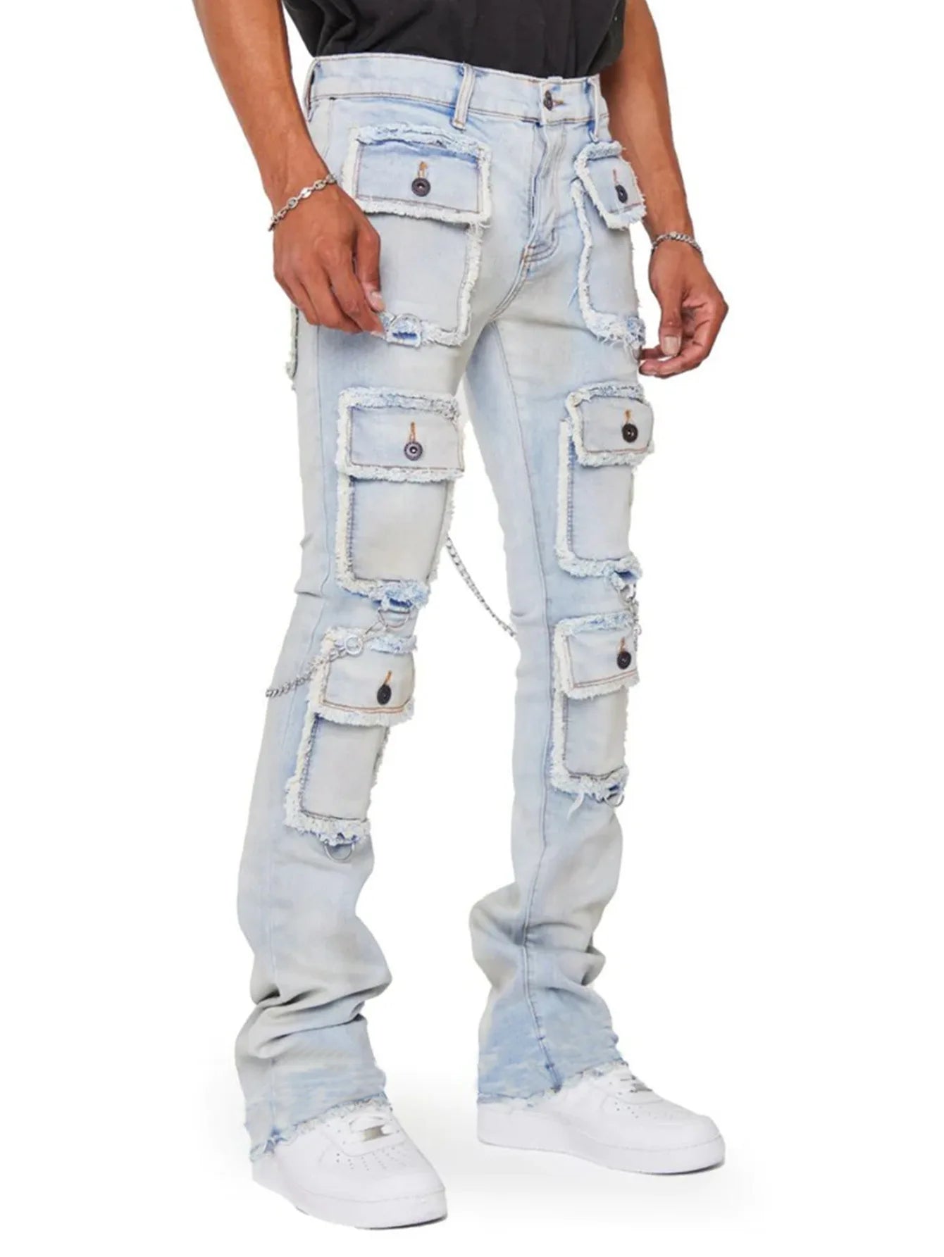 Men Stacked Jeans Mult Pockets Slim Fit High Street Denim Trousers Jeans Joggers Pants Streetwear