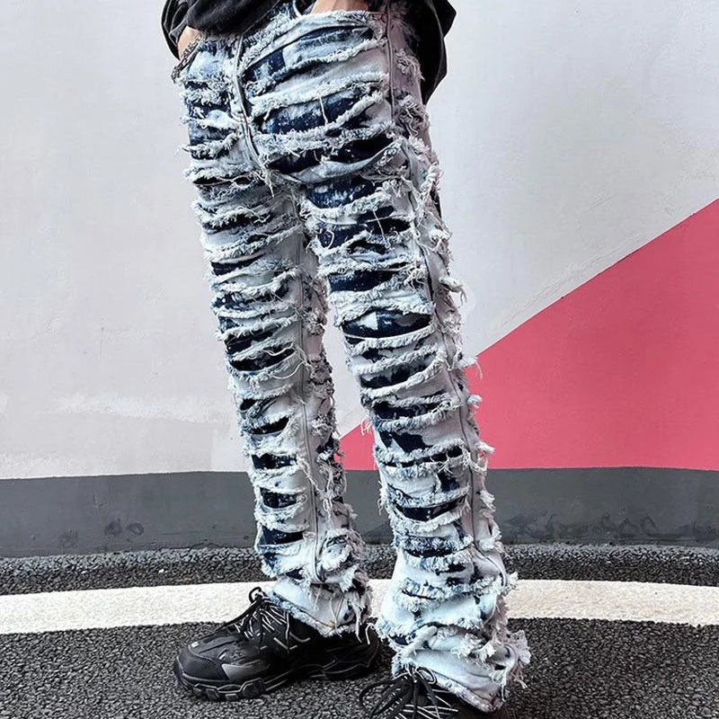 Distressed Stacked Men Denim Jeans Streetwear Skinny Flared Ripped Pants