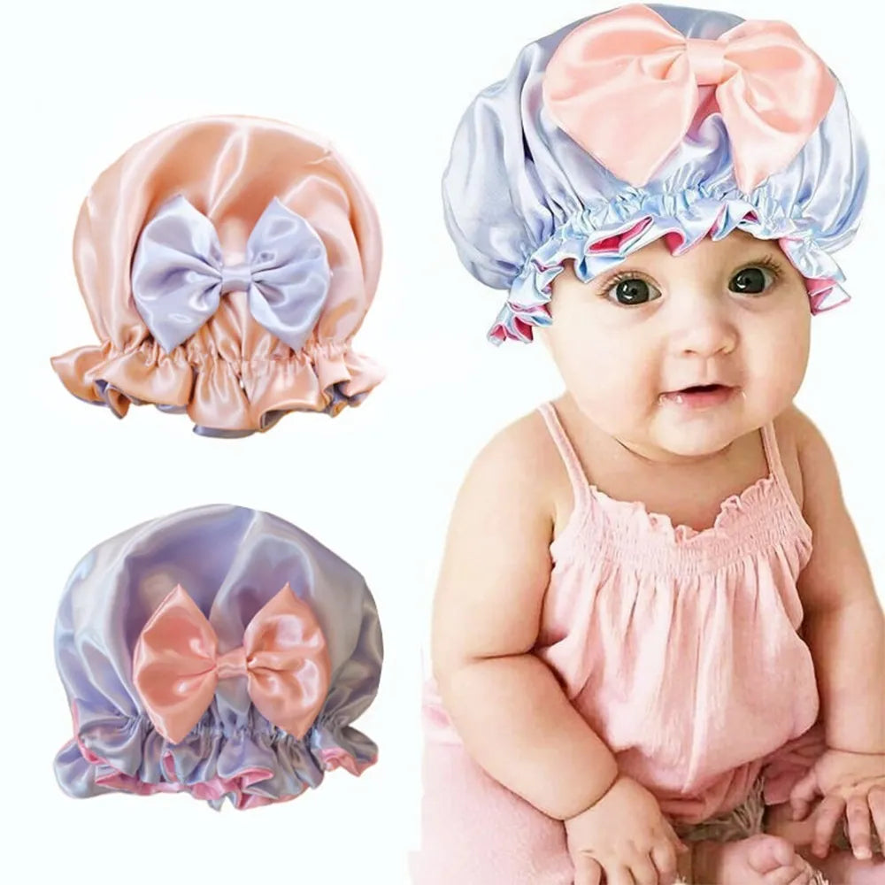 Big Bow Knot Sleep Night Cap Satin Hair Protect Hat Baby Girls Night Bonnet