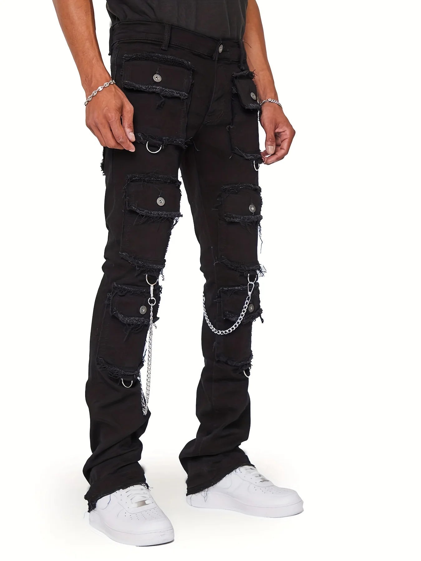 Men Stacked Jeans Mult Pockets Slim Fit High Street Denim Trousers Jeans Joggers Pants Streetwear