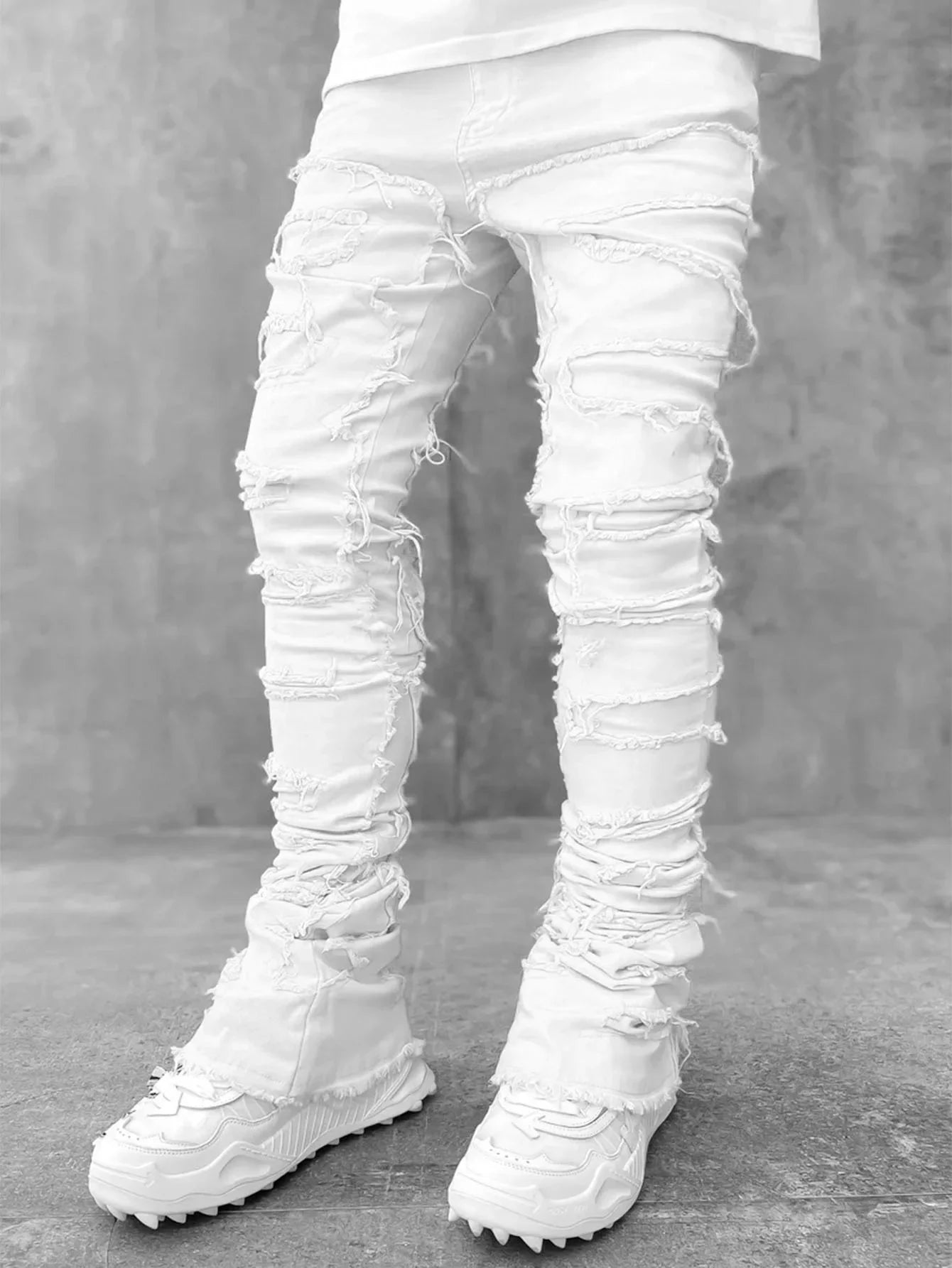 Stacked Jeans Stretched Patchwork Denim Full Length Pants For Men