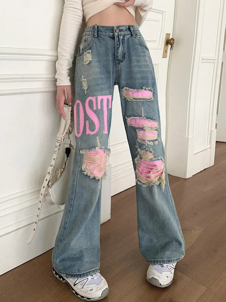 2024 Cyber Y2K Pink Patch Baggy Stacked Ripped Flare Jeans For Women