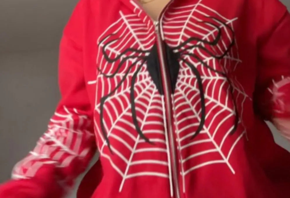 Vintage Spider Web Printed Hoodies Zip Up Loose Sweatshirts Y2K unisex