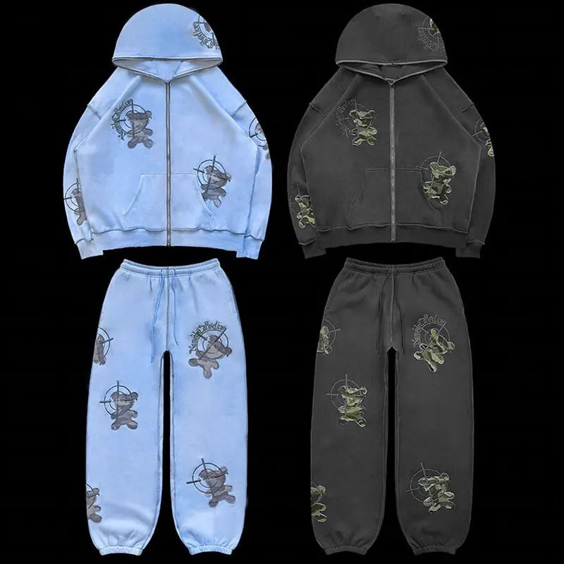 Tracksuit Hoodies Suits unisex Full Zip Up Hip Hop Embroidery Casual Elasticity Y2k Fashion Autumn Winter 2 Piece Sets